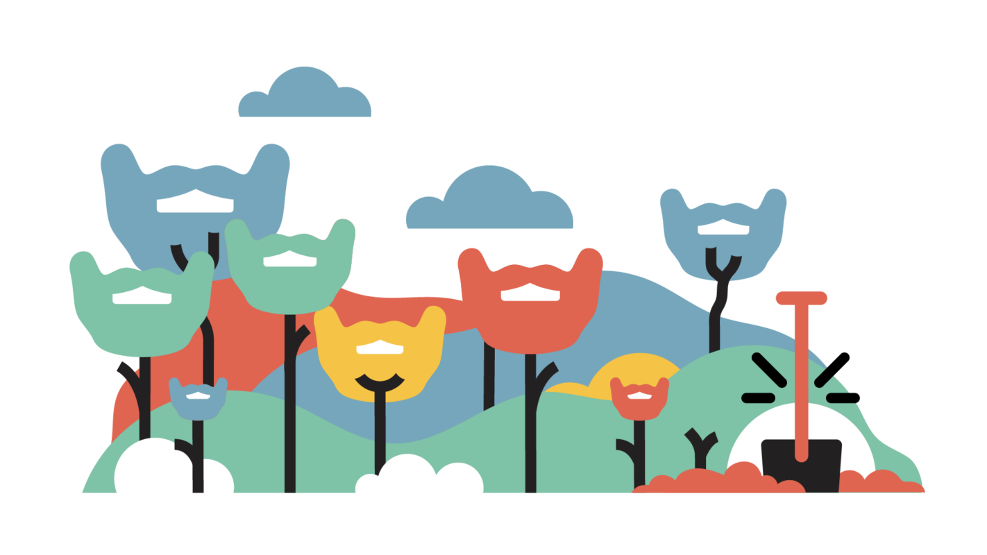 Illustratie van klimaatneutrale animatiestudio creative beards met beeld van een kleurrijk bos vol met bomen die lijken op een baard