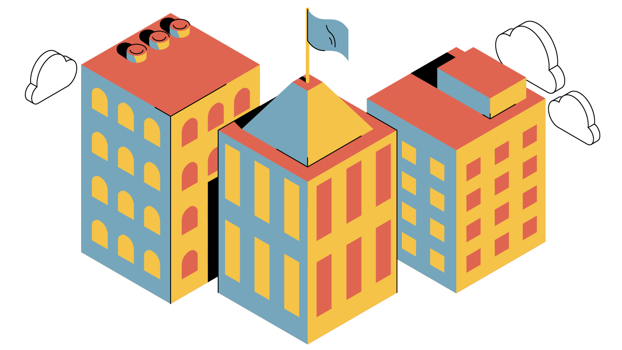 Beeld van gebouwen in isometrische stijl ter illustratie van kosten 3D animatie laten maken door animatiestudio Creative Beards